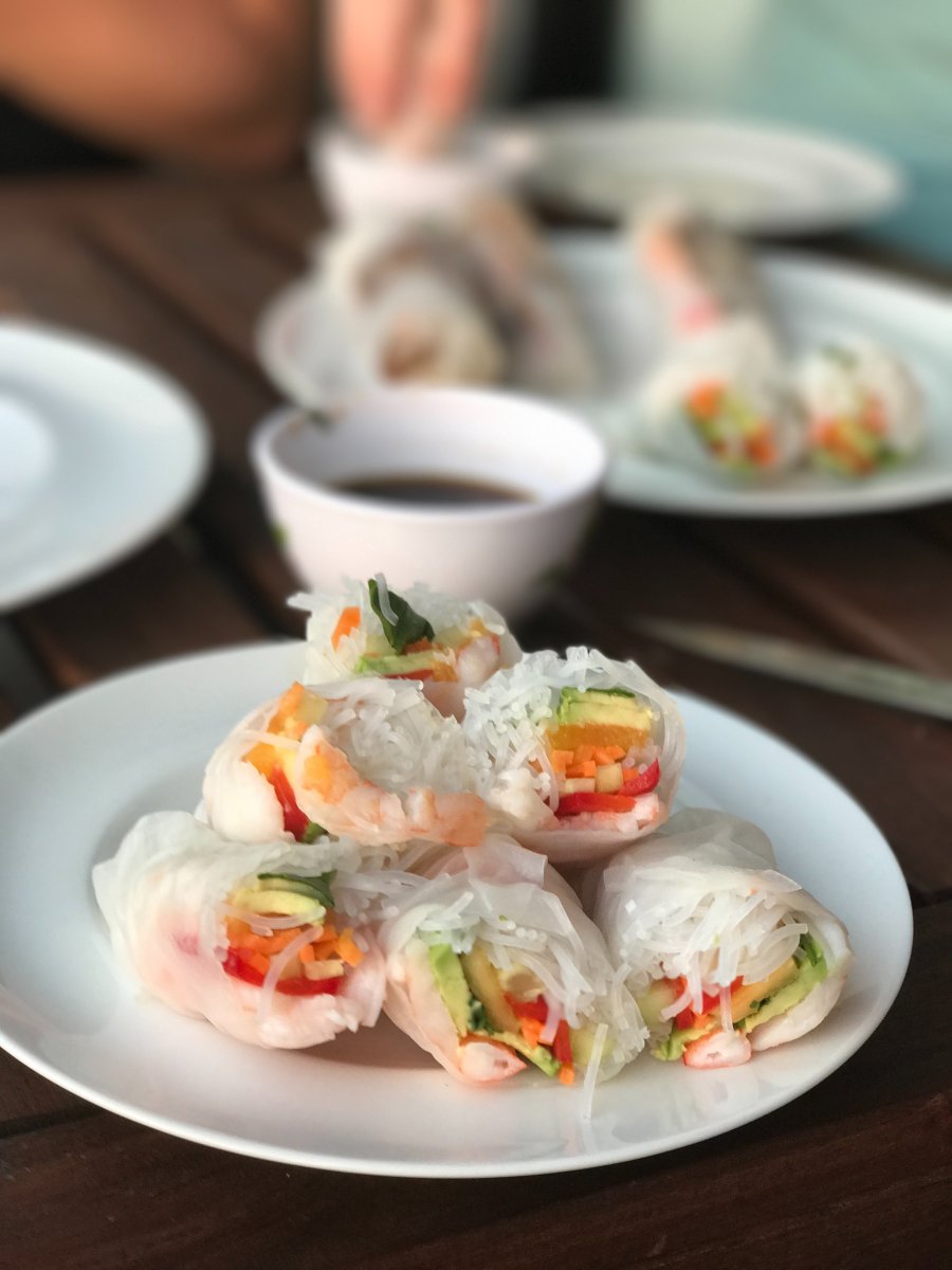 Rice paper wrappers as a substitute for wonton wrappers.