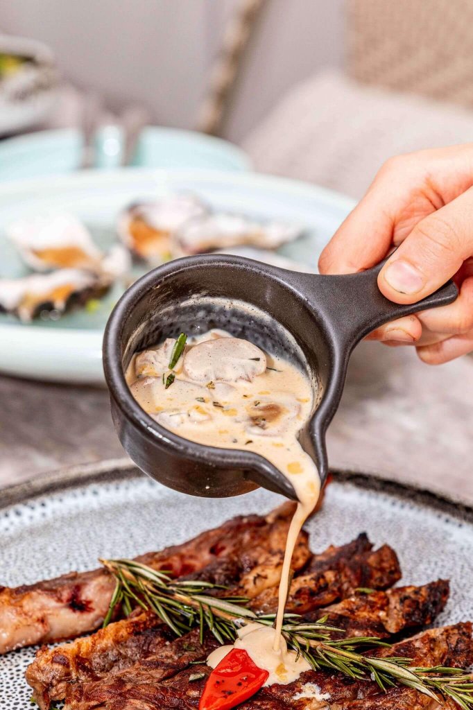 Mushroom sauce as a substitute for demi-glace.