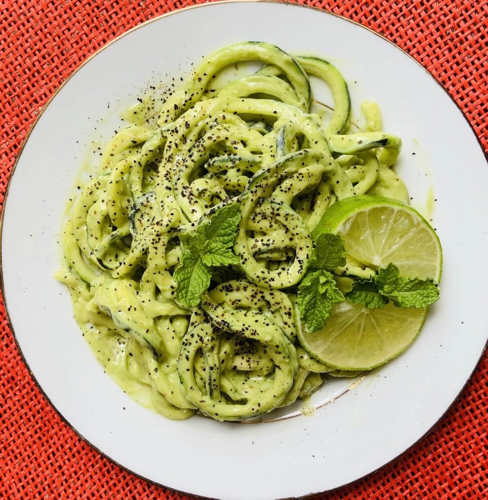 Zucchini noodles as a substitute for soba noodles.