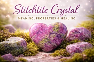 Heart-shaped Stitchtite crystal on moss