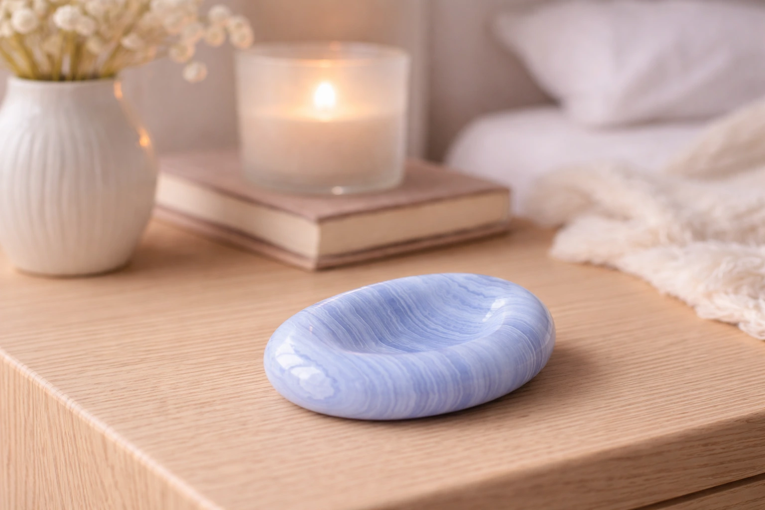 Blue Lace Agate crystal worry stone for calming energy and sleep