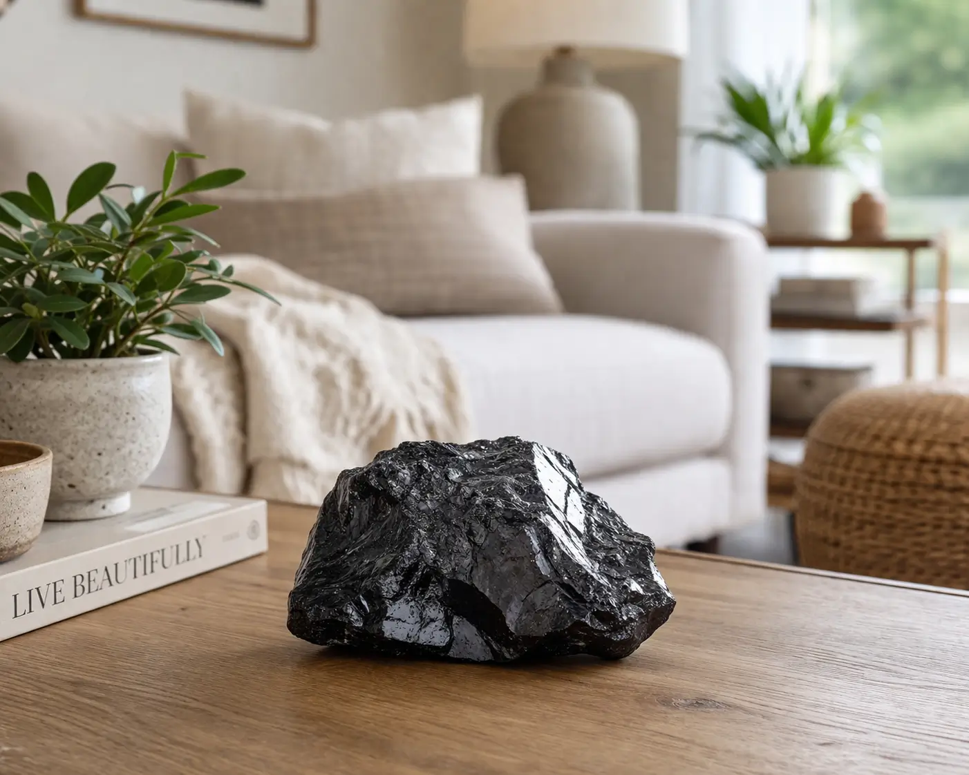 Polished Shungite crystal stone on wooden surface